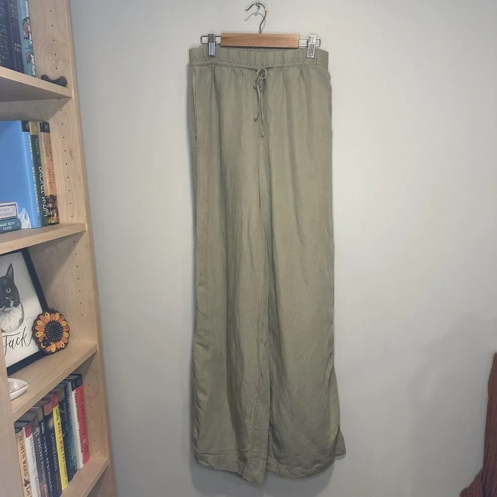 Women's H&M Linen Blend Wide Leg Drawstring Pants | Sage Green | Size XS